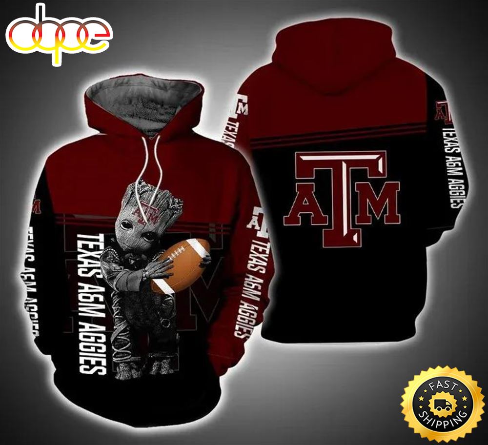 Baby Groot Hug Ball Texas A&amp;M Aggies 3d Hoodie Texas A&amp;M Aggies Fan Gifts