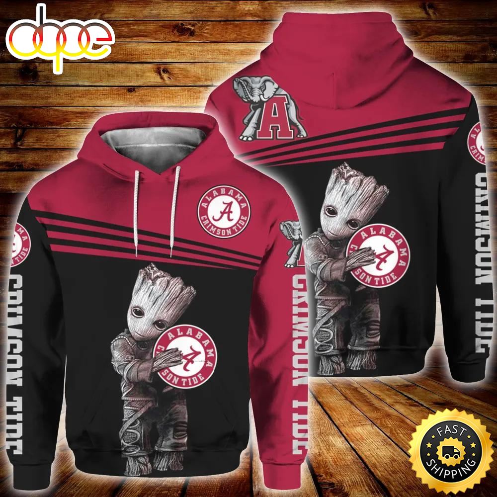 Baby Groot Hug Logo Alabama Crimson Tide 3d Hoodie Alabama Crimson Tide Gift