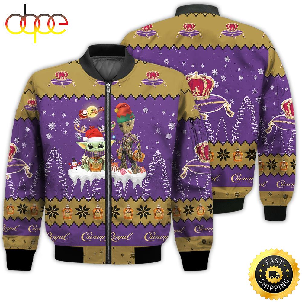 Baby Yoda Groot Santa Claus Deer Unisex Gift Crown Royal Whiskey 3D Bomber Jacket