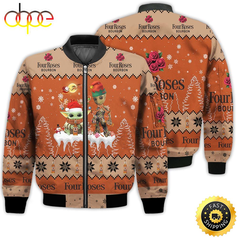 Baby Yoda Groot Santa Claus Deer Unisex Gift Four Roses Whiskey 3D Bomber Jacket