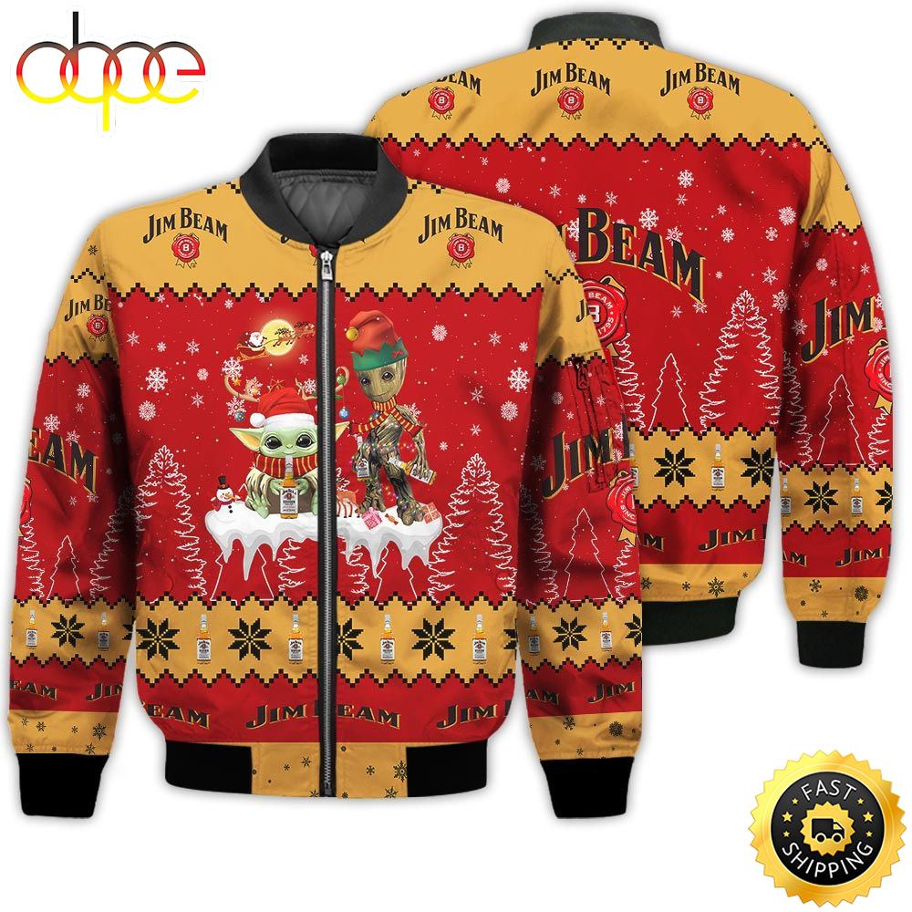 Baby Yoda Groot Santa Claus Deer Unisex Gift Jim Beam Whiskey 3D Bomber Jacket