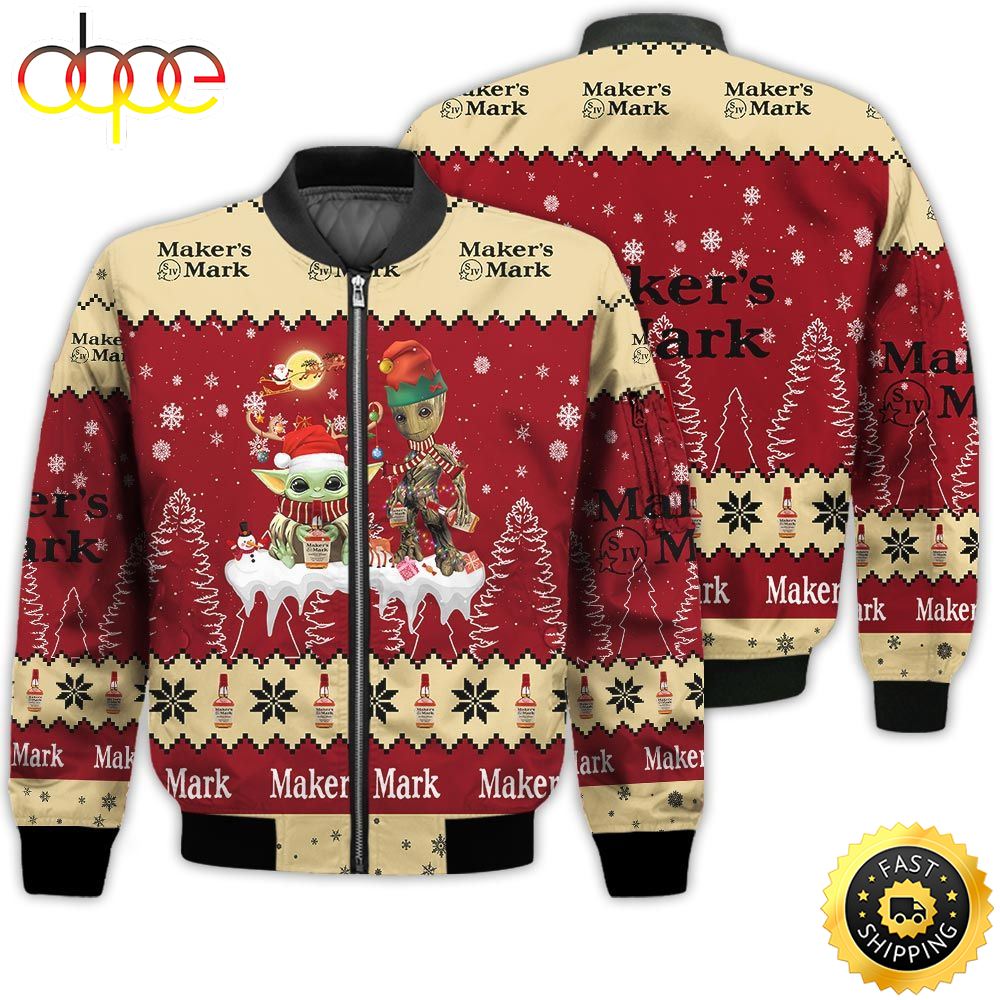 Baby Yoda Groot Santa Claus Deer Unisex Gift Maker’s Mark Whiskey 3D Bomber Jacket