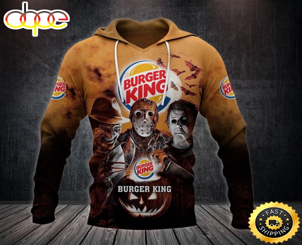 Burger King Logo With Michael Myers and Freddy Krueger and Jason Voorhees Pumpkin Halloween All Over Print Hoodie