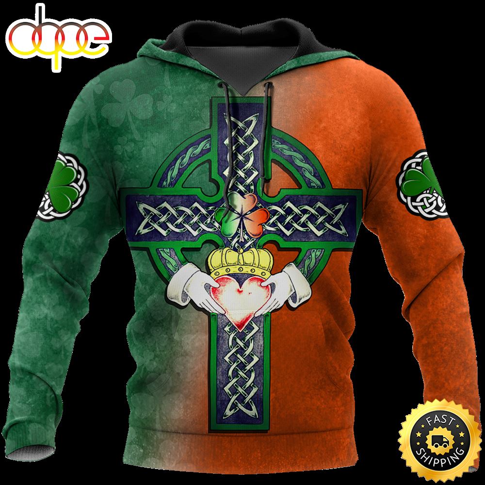 Celtic Cross Shamrock With Heart 3D All Over Print Shirt