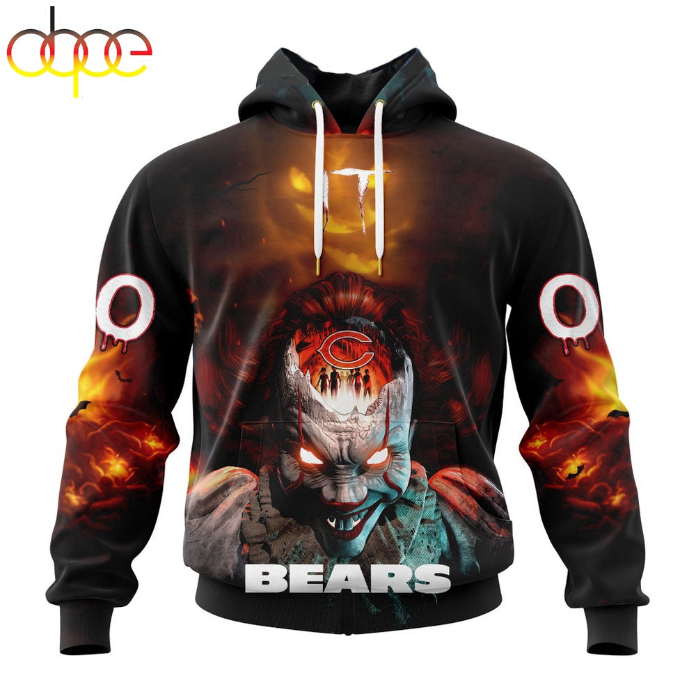 Custom Name And Number NFL Chicago Bears Halloween Badut Mematikan 3D Hoodie Shirt