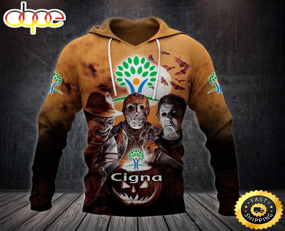 Cigna With Michael Myers and Freddy Krueger and Jason Voorhees Pumpkin Halloween All Over Print Hoodie