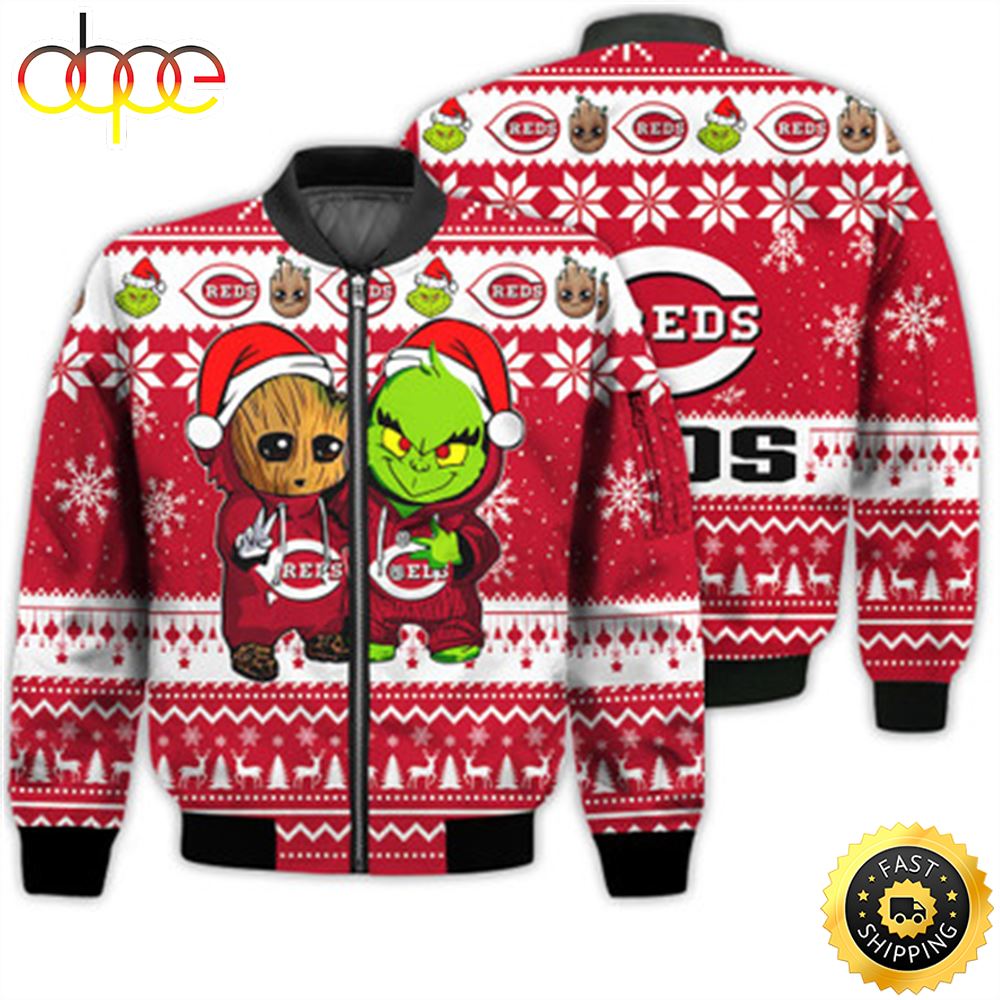 Cincinnati Reds Baby Groot And Grinch Best Friends Football American Ugly Christmas Sweater Gifts Unisex 3D Bomber Jacket