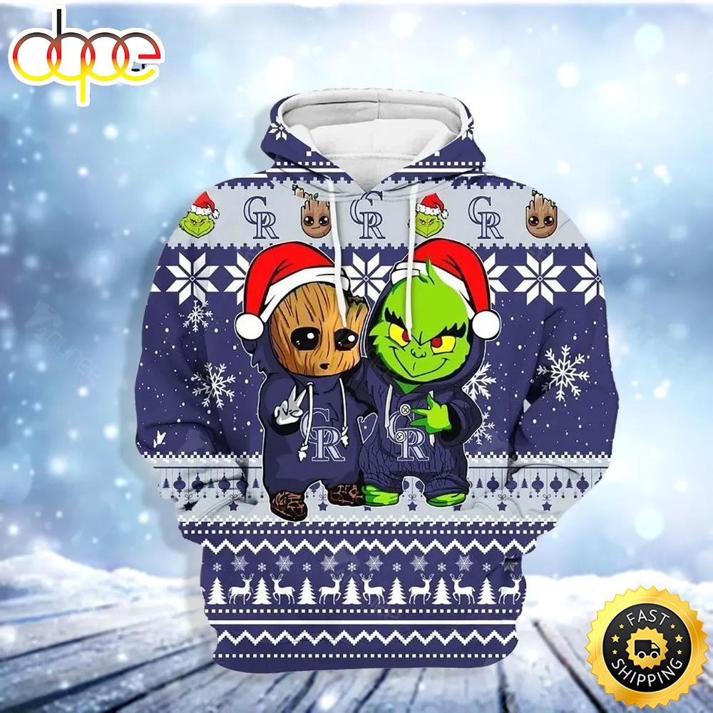 Colorado Rockies Baby Groot And Grinch Best Friends Football American Christmas 3D Hoodie