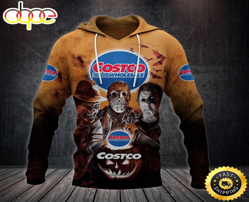 Costco Wholesale Logo With Michael Myers and Freddy Krueger and Jason Voorhees Pumpkin Halloween All Over Print Hoodie