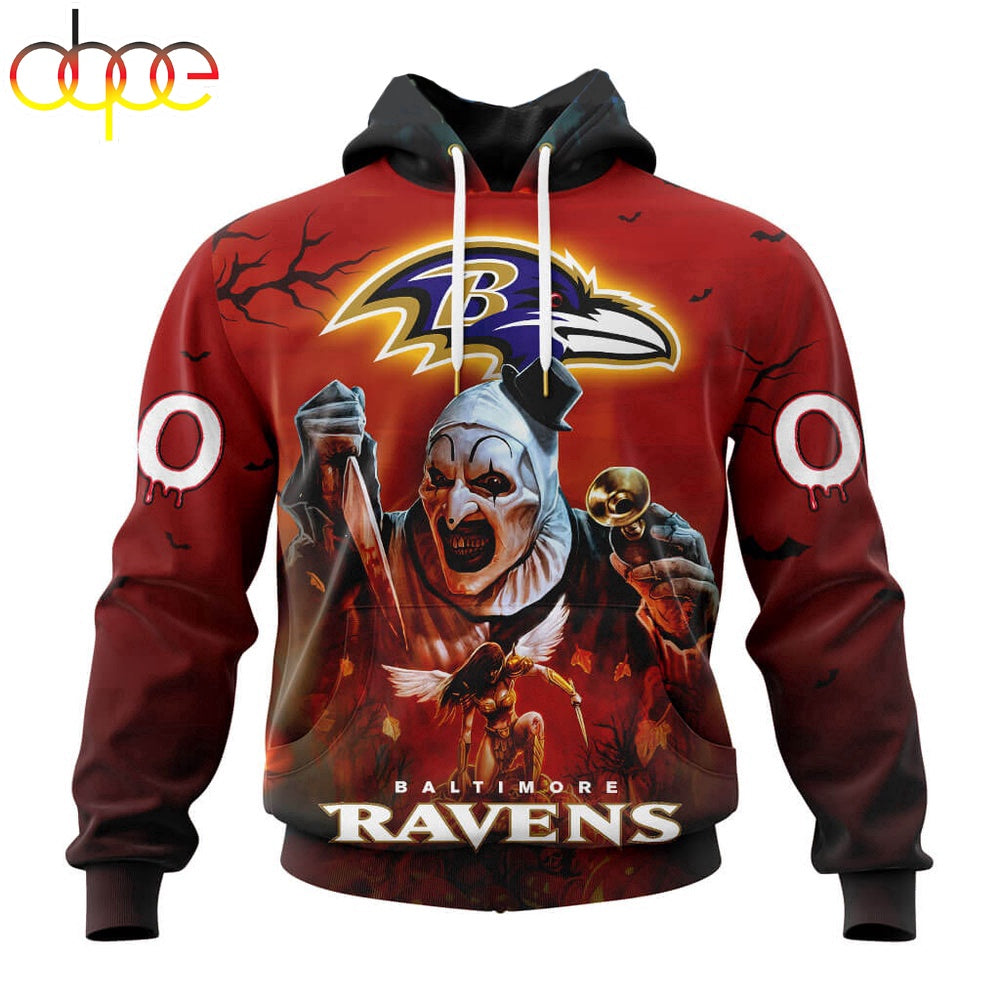 Custom Name And Number Baltimore Ravens Horror Terrifier Ghoulish Halloween Day Hoodie