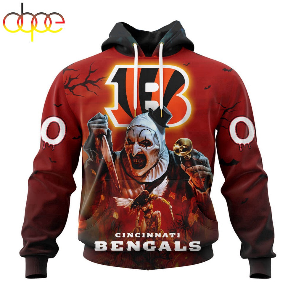Custom Name And Number Cincinnati Bengals Horror Terrifier Ghoulish Halloween Day Hoodie