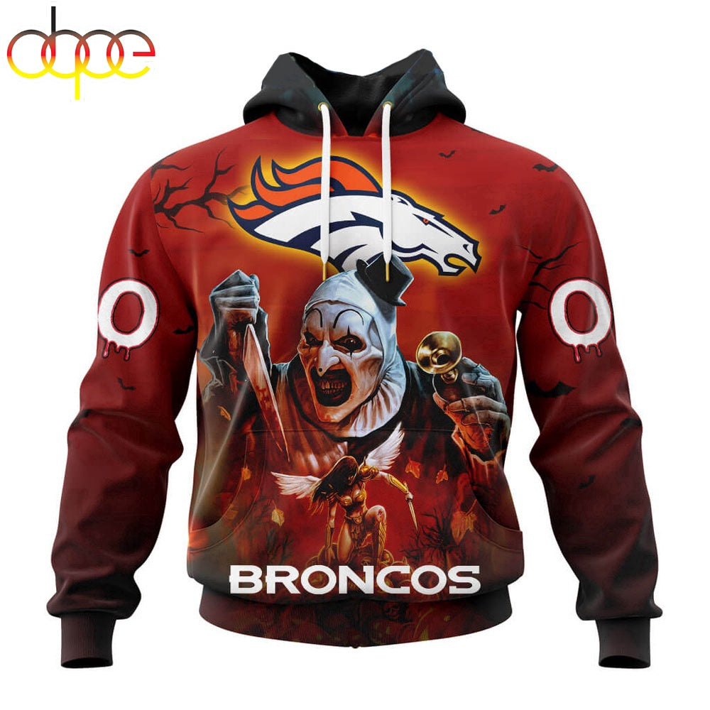 Custom Name And Number Denver Broncos Horror Terrifier Ghoulish Halloween Day Hoodie