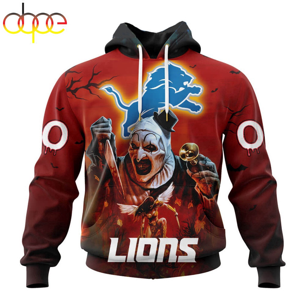 Custom Name And Number Detroit Lions Horror Terrifier Ghoulish Halloween Day Hoodie
