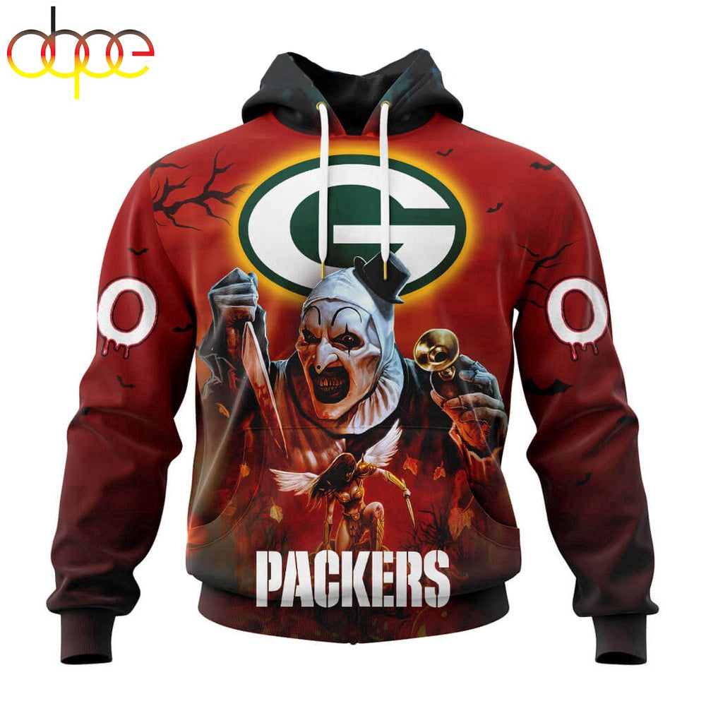 Custom Name And Number Green Bay Packers Horror Terrifier Ghoulish Halloween Day Hoodie