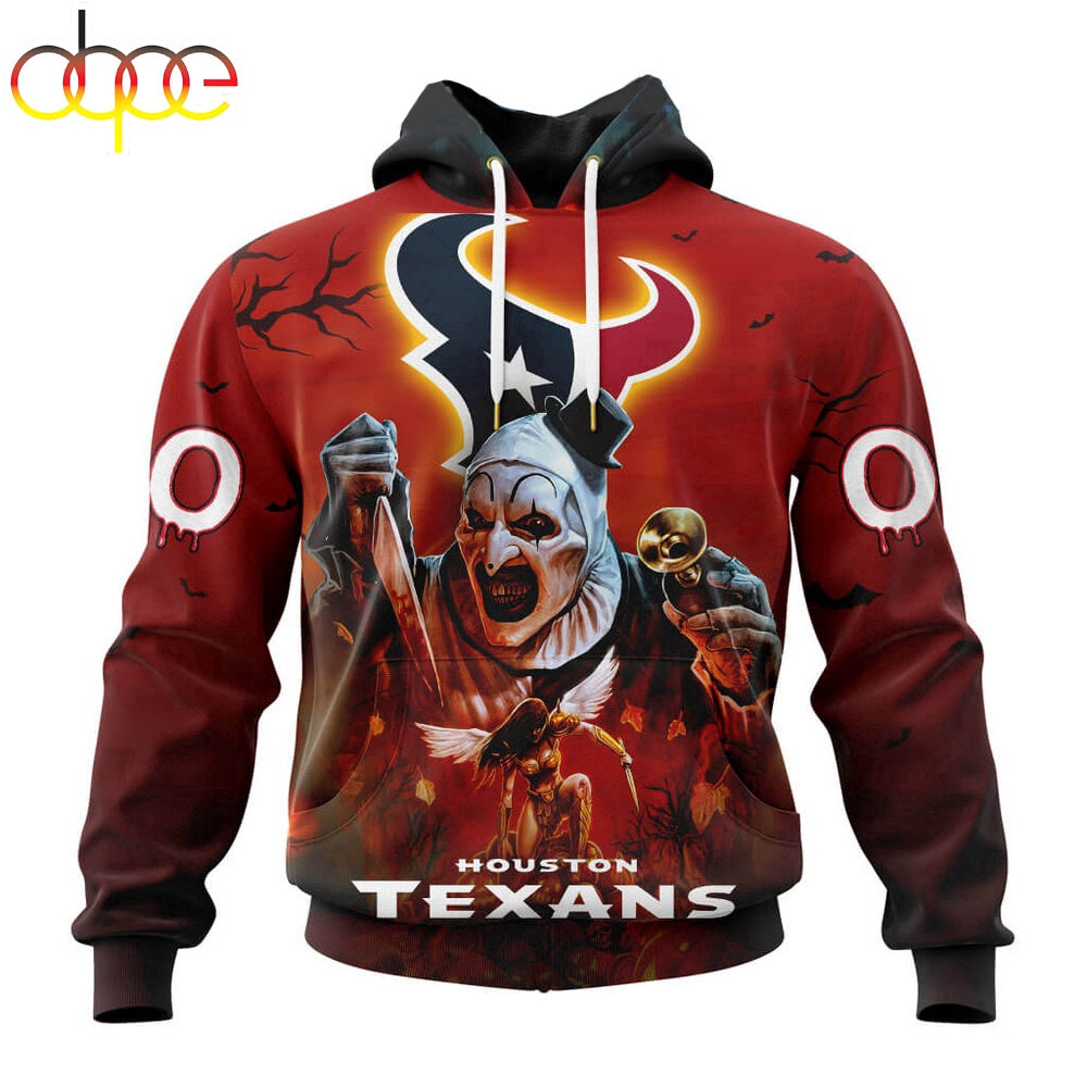 Custom Name And Number Houston Texans Horror Terrifier Ghoulish Halloween Day Hoodie
