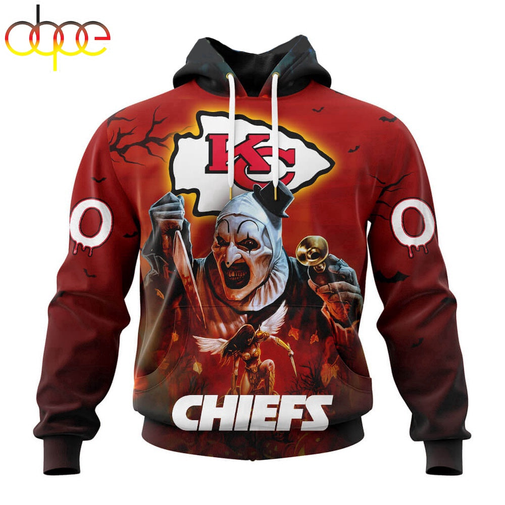 Custom Name And Number Kansas City Chiefs Horror Terrifier Ghoulish Halloween Day Hoodie