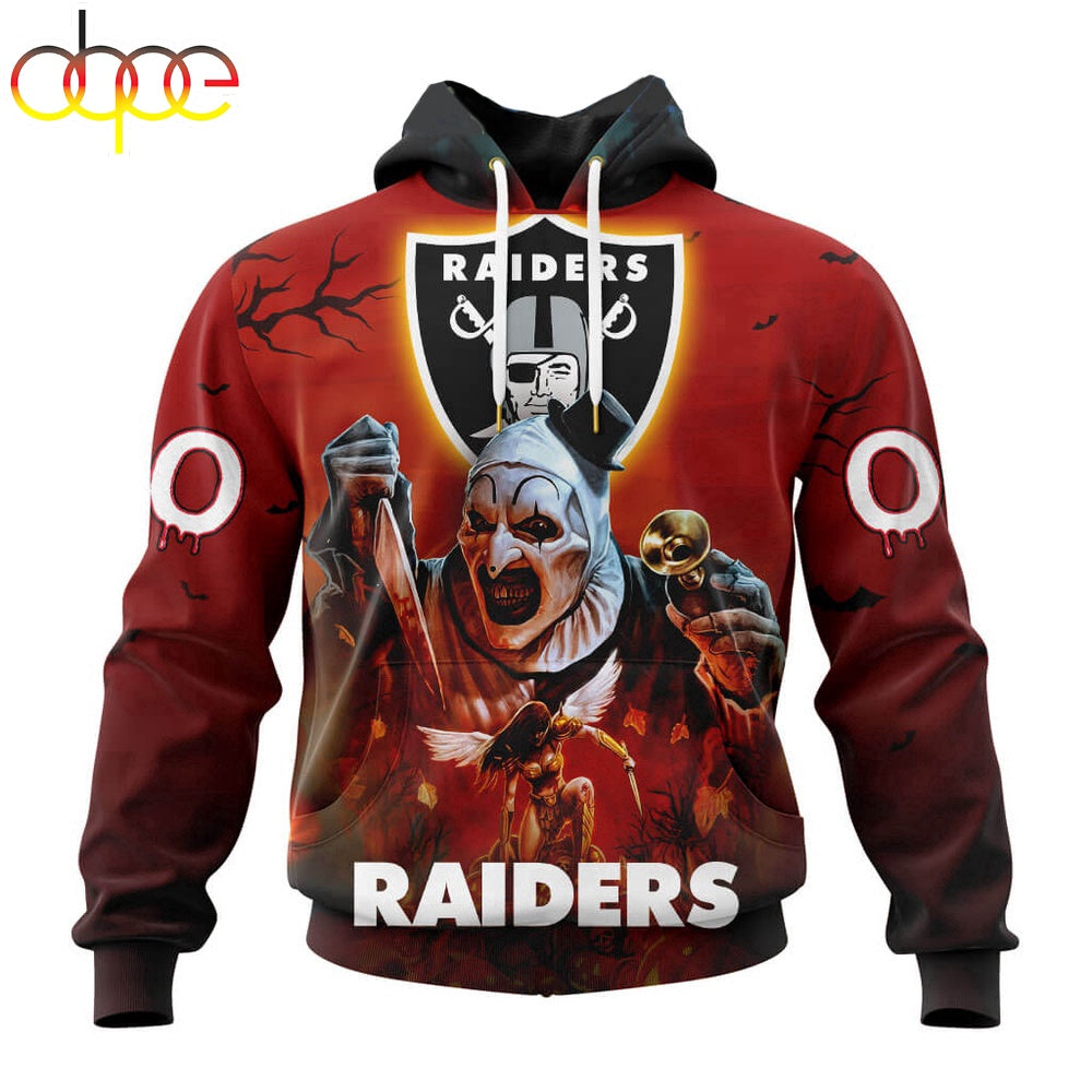 Custom Name And Number Las Vegas Raiders Horror Terrifier Ghoulish Halloween Day Hoodie