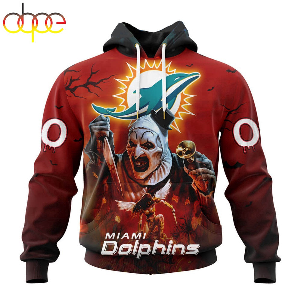 Custom Name And Number Miami Dolphins Horror Terrifier Ghoulish Halloween Day Hoodie