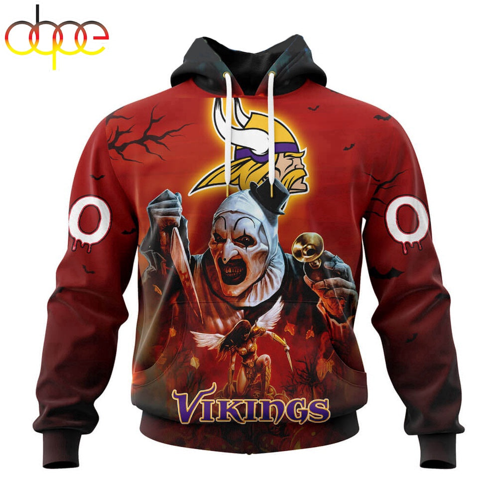 Custom Name And Number Minnesota Vikings Horror Terrifier Ghoulish Halloween Day Hoodie