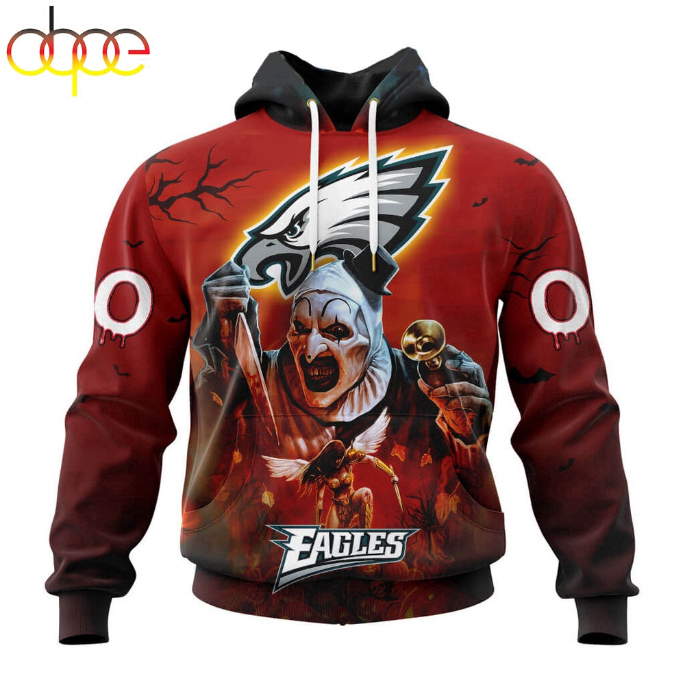 Custom Name And Number Philadelphia Eagles Horror Terrifier Ghoulish Halloween Day Hoodie
