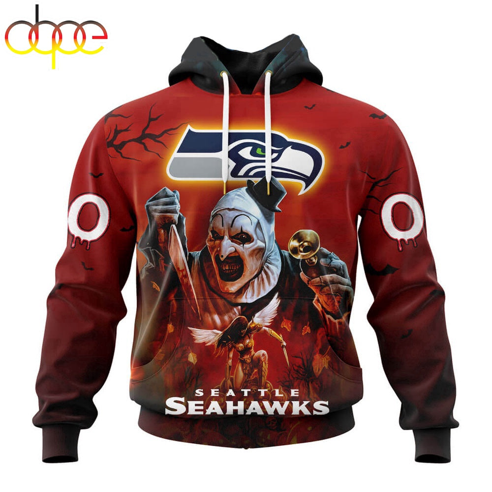 Custom Name And Number Seattle Seahawks Horror Terrifier Ghoulish Halloween Day Hoodie