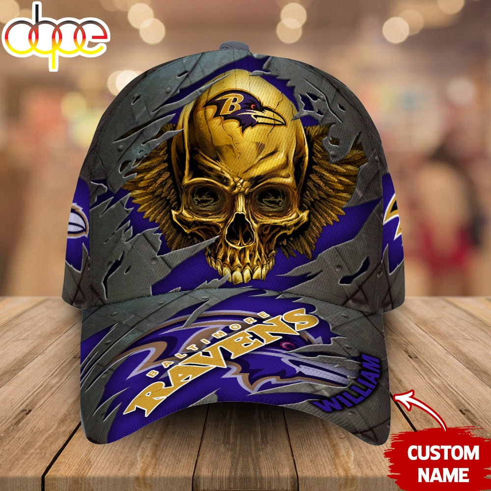 Custom Name Baltimore Ravens NFL Skull Baseball Cap