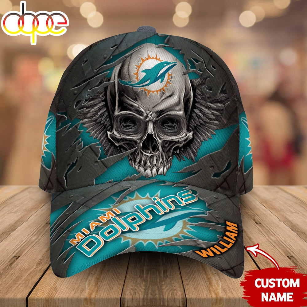 Custom Name Miami Dolphins NFL Skull Baseball Cap
