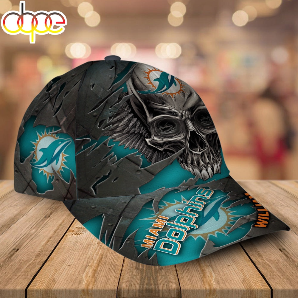 Custom Name Miami Dolphins NFL Skull Baseball Cap