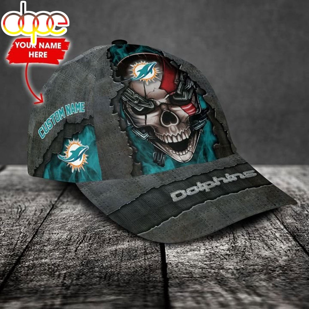 Custom Name Miami Dolphins NFL Skull Chain Baseball Classic Cap