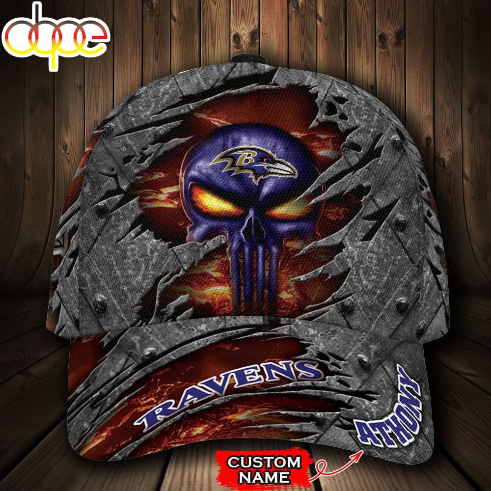 Custom Name NFL Baltimore Ravens Skull All Over Print 3D Classic Cap