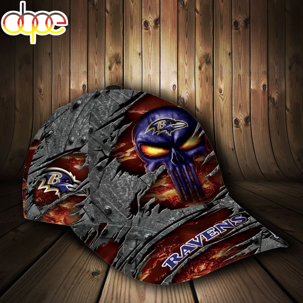 Custom Name NFL Baltimore Ravens Skull All Over Print 3D Classic Cap