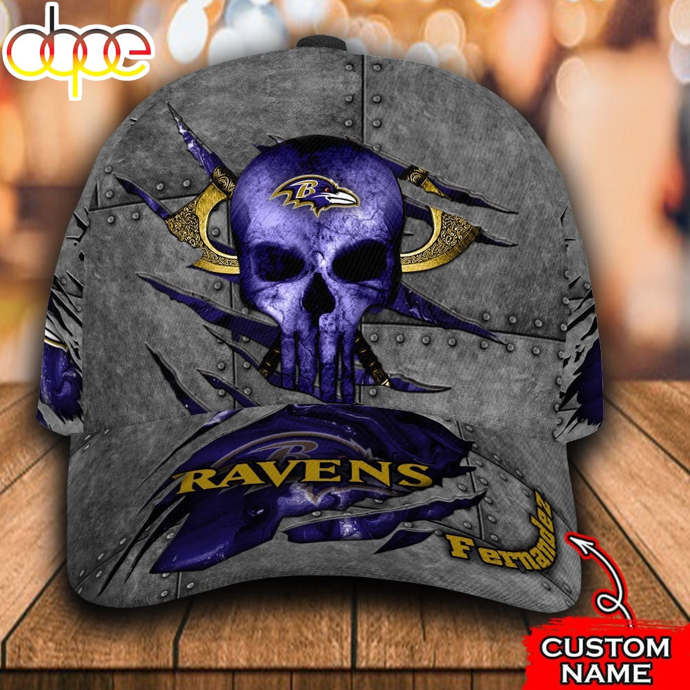 Custom Name NFL Baltimore Ravens Skull All Over Print - Blue 3D Classic Cap