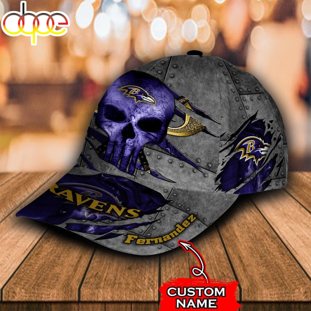 Custom Name NFL Baltimore Ravens Skull All Over Print - Blue 3D Classic Cap
