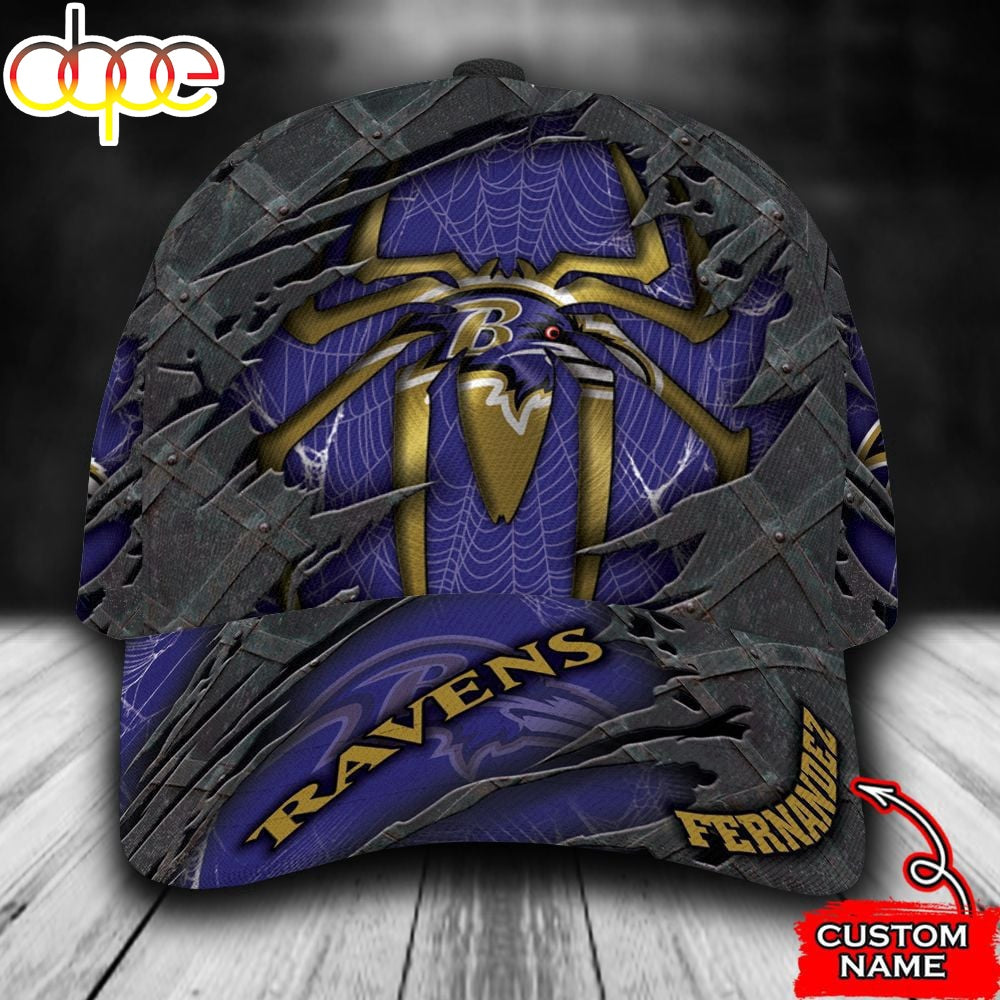 Custom Name NFL Baltimore Ravens Spider Man All Over Print - Blue 3D Classic Cap