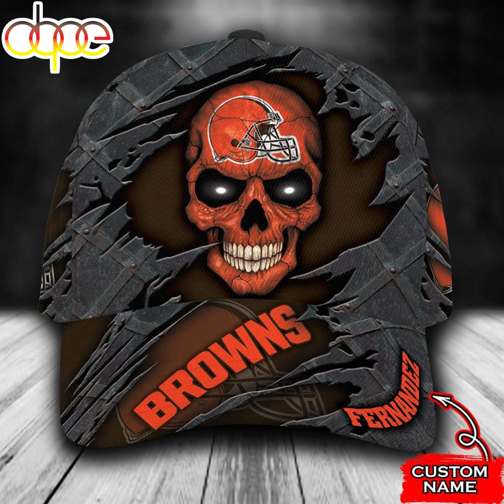 Custom Name NFL Cleveland Browns Skull All Over Print - Orange 3D Classic Cap