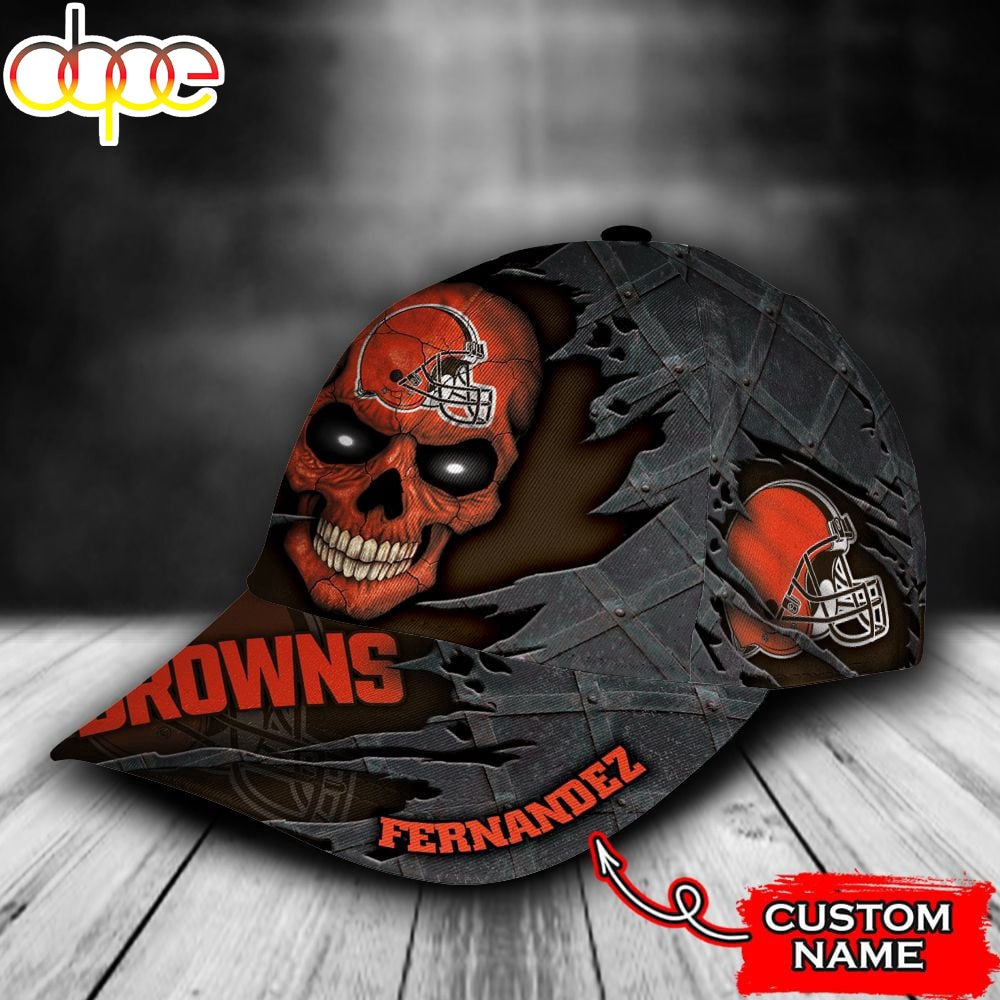 Custom Name NFL Cleveland Browns Skull All Over Print - Orange 3D Classic Cap