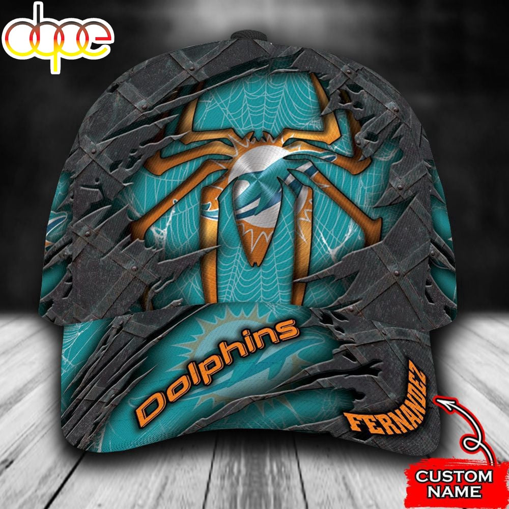 Custom Name NFL Miami Dolphins Spider Man All Over Print - Cyan 3D Classic Cap