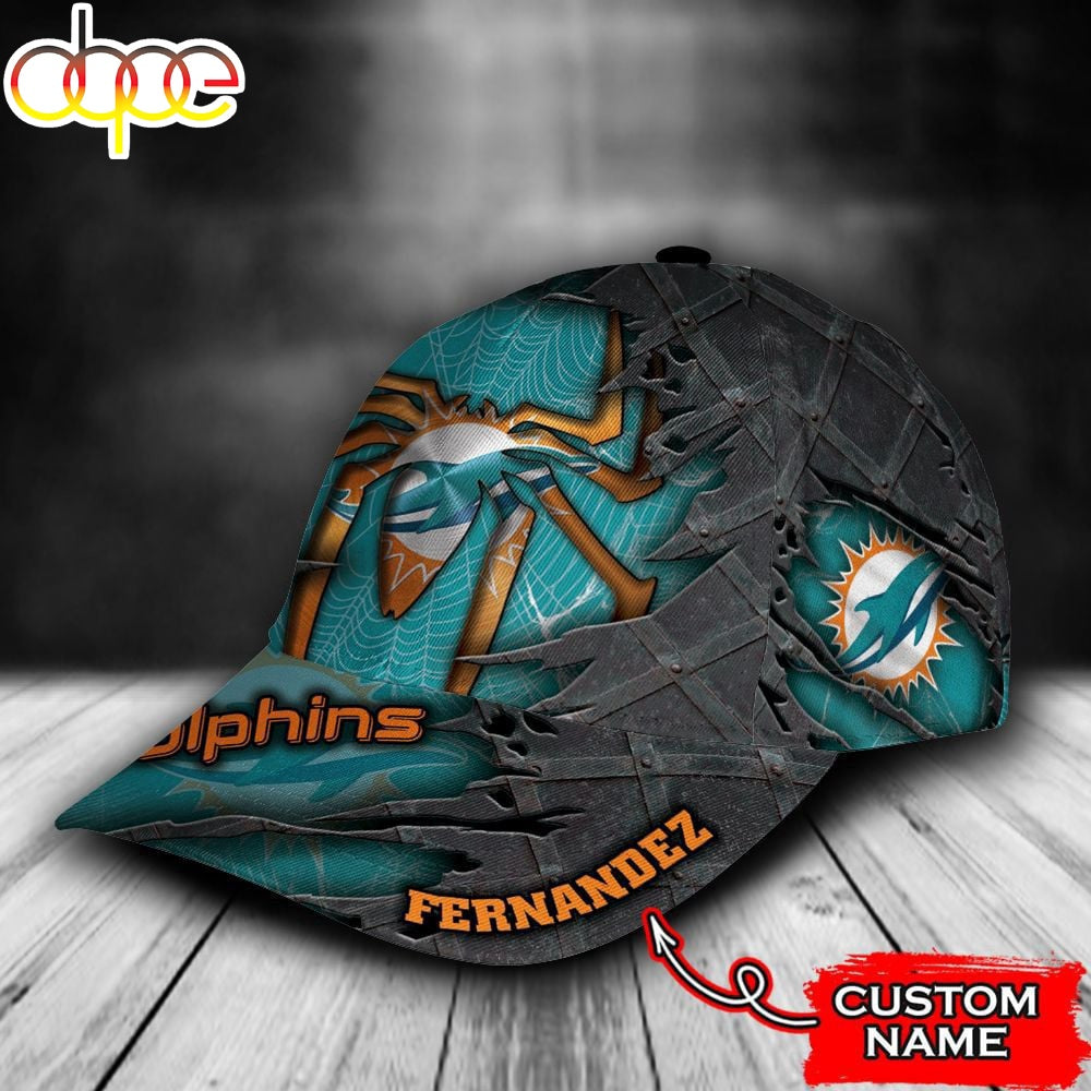 Custom Name NFL Miami Dolphins Spider Man All Over Print - Cyan 3D Classic Cap