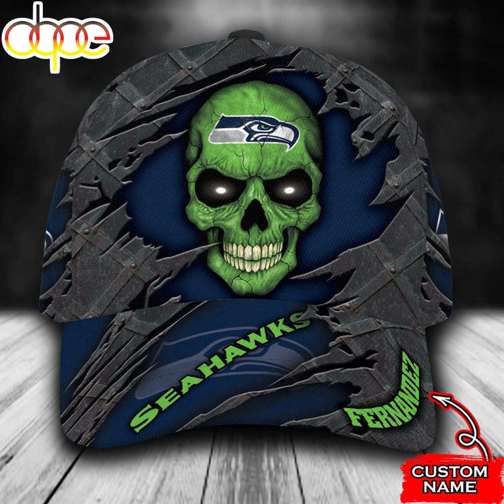 Custom Name NFL Seattle Seahawks Skull All Over Print 3D Classic Cap