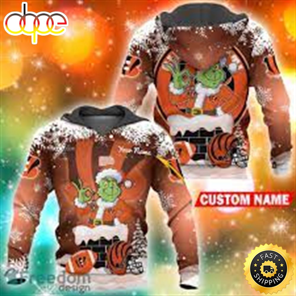 Custom Cincinnati Bengals NFL Christmas Grinch in Chimney 3D Hoodie Pullover Prints Custom Name
