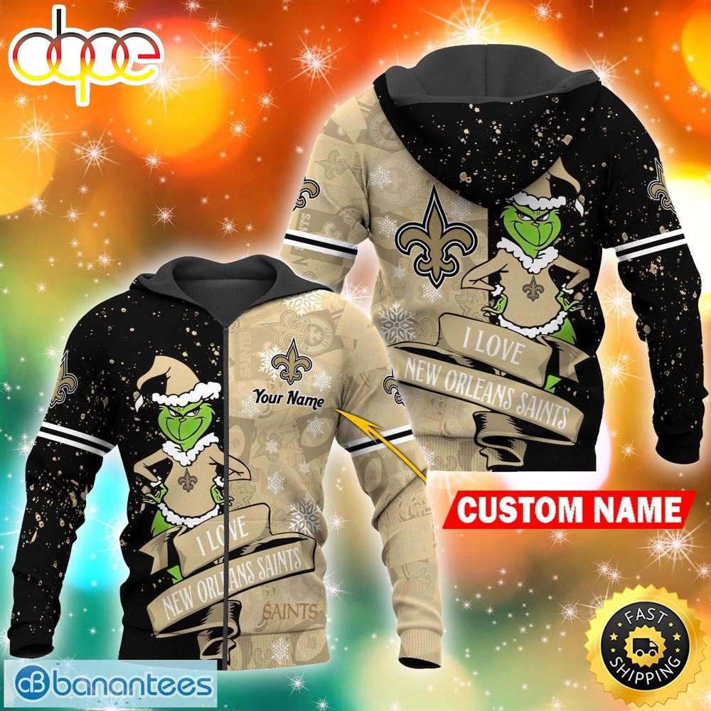 Custom I Love New Orleans Saints NFL Grinch 3D Hoodie And Long Pants Set Gift Christmas Personalized