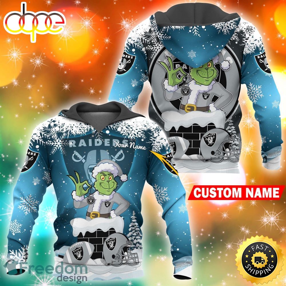 Custom Las Vegas Raiders NFL Christmas Grinch in Chimney 3D Hoodie Pullover Prints Custom Name