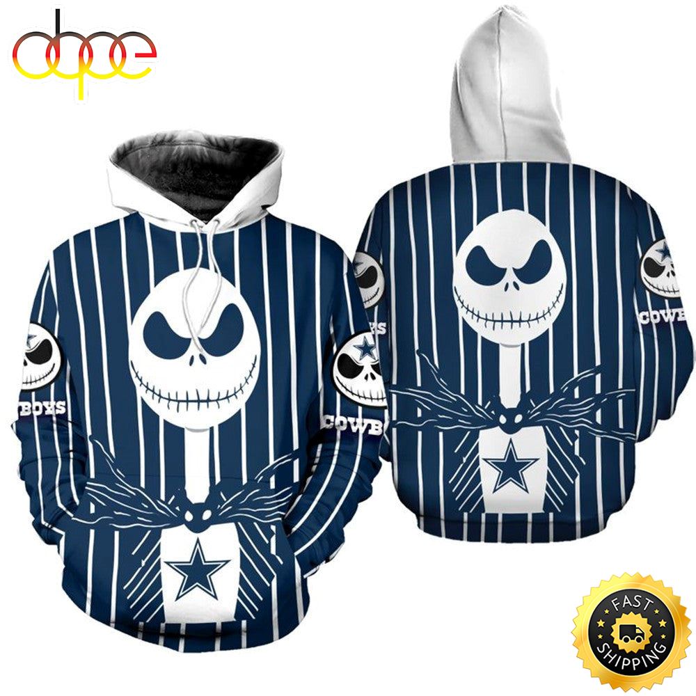 Dallas Cowboys Halloween Blue Jack Skellington Super Bowl 3D Pullover Hoodie_3255