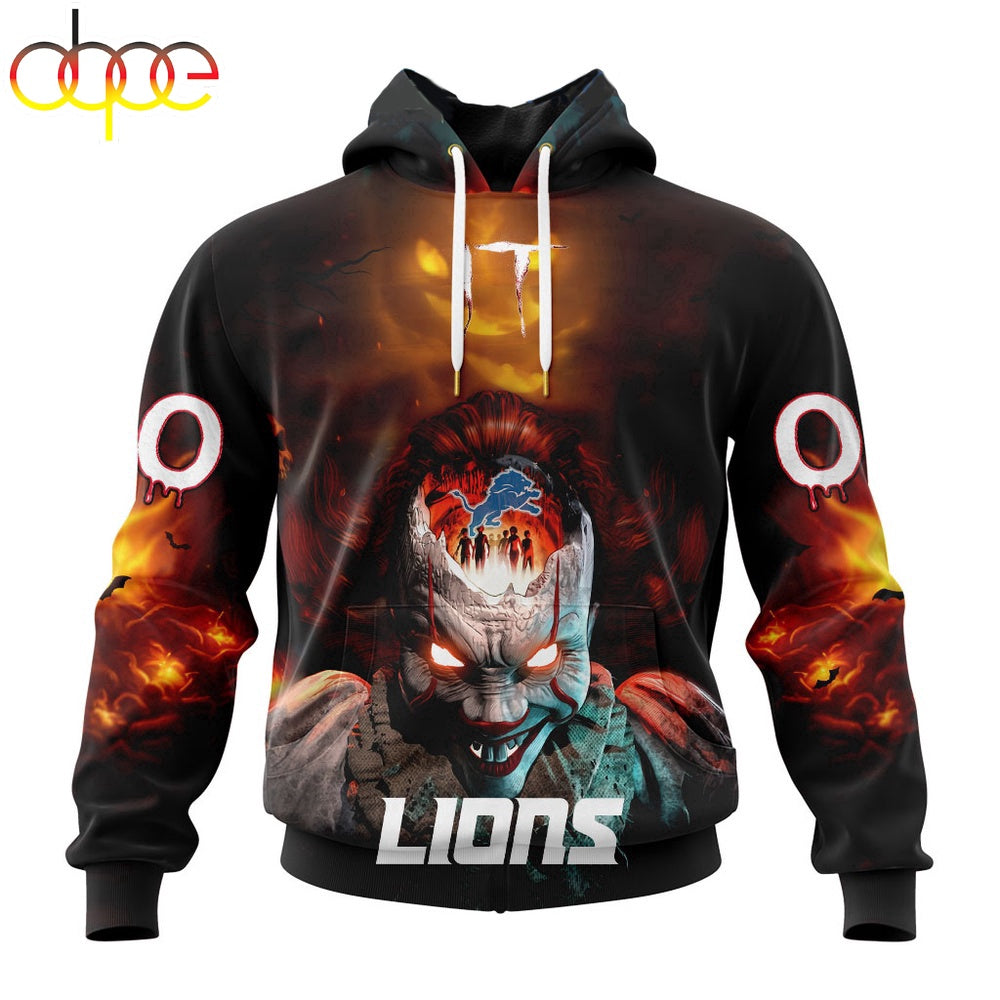 Custom Name And Number NFL Detroit Lions Halloween Badut Mematikan 3D Hoodie Shirt