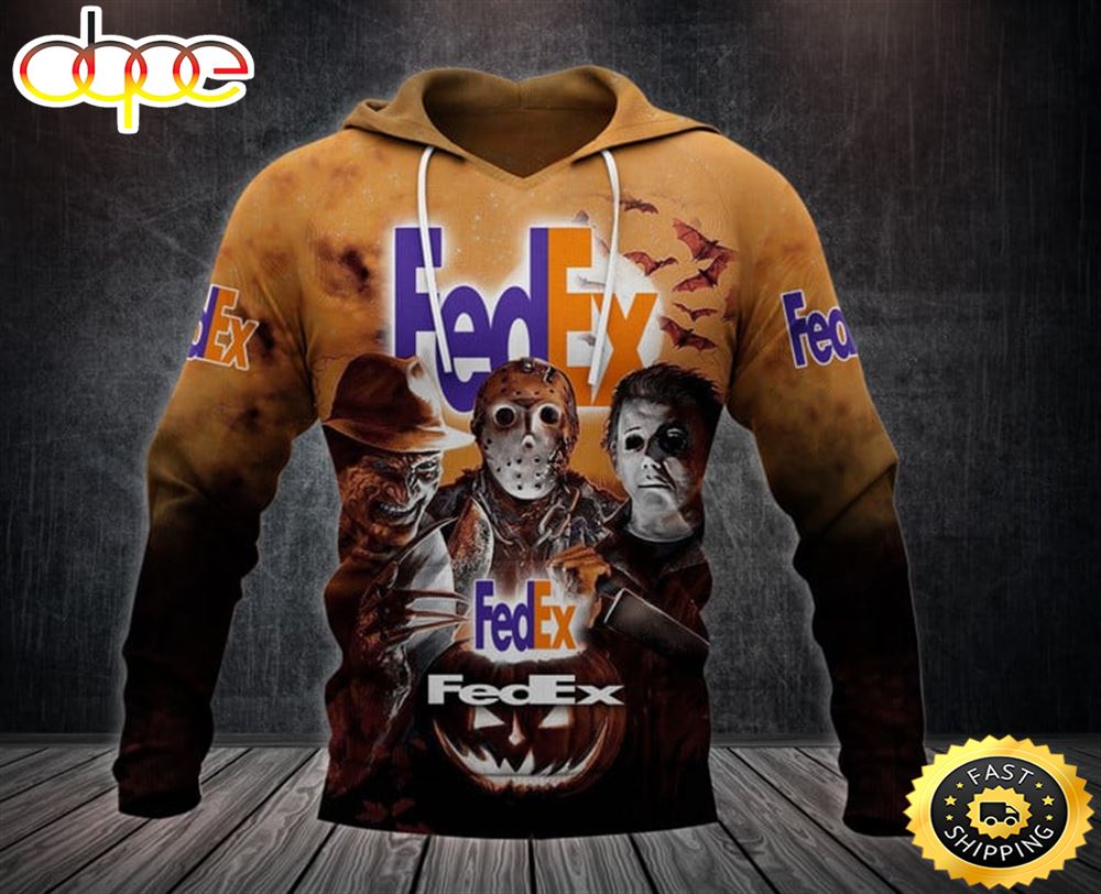 Fedex With Michael Myers and Freddy Krueger and Jason Voorhees Pumpkin Halloween 1 All Over Print Hoodie
