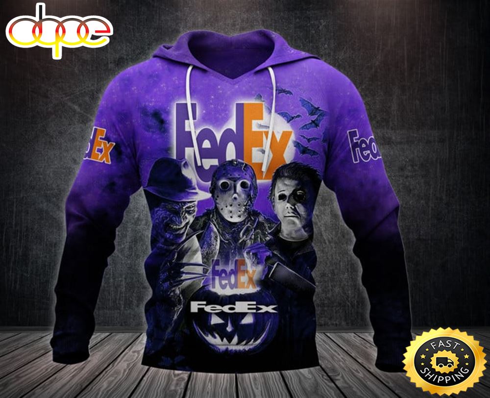 Fedex With Michael Myers and Freddy Krueger and Jason Voorhees Pumpkin Halloween All Over Print Hoodie