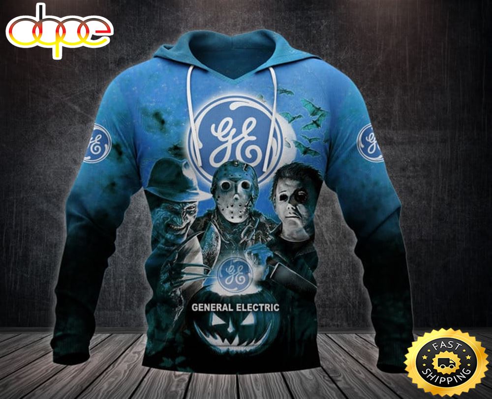 General Electric With Michael Myers and Freddy Krueger and Jason Voorhees Pumpkin Halloween All Over Print Hoodie
