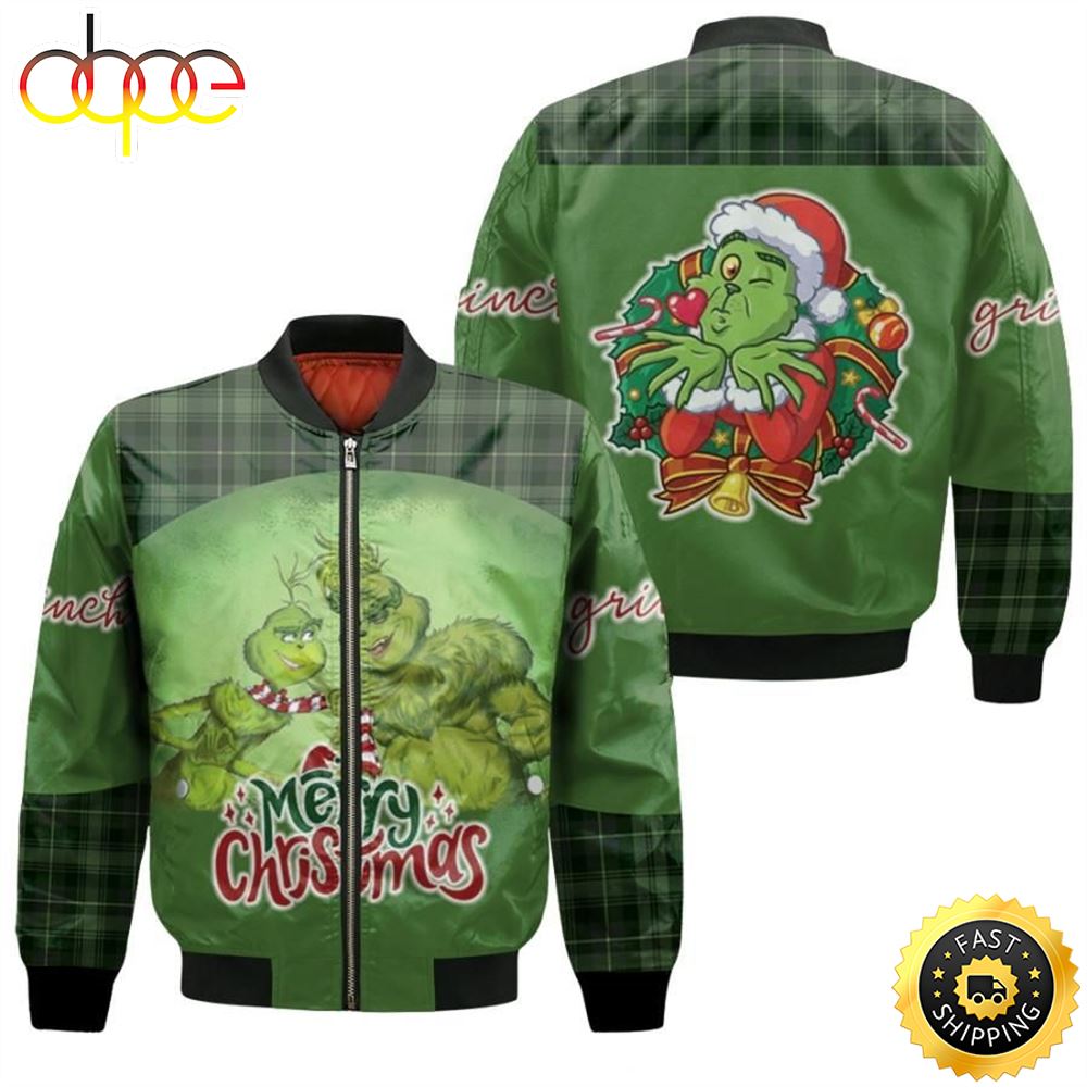 Grinch Christmas Merry Christmas Family Wreath Christmas Green 3D Designed Allover Gift For Grinch Fans Christmas Fans Bomber Jacket