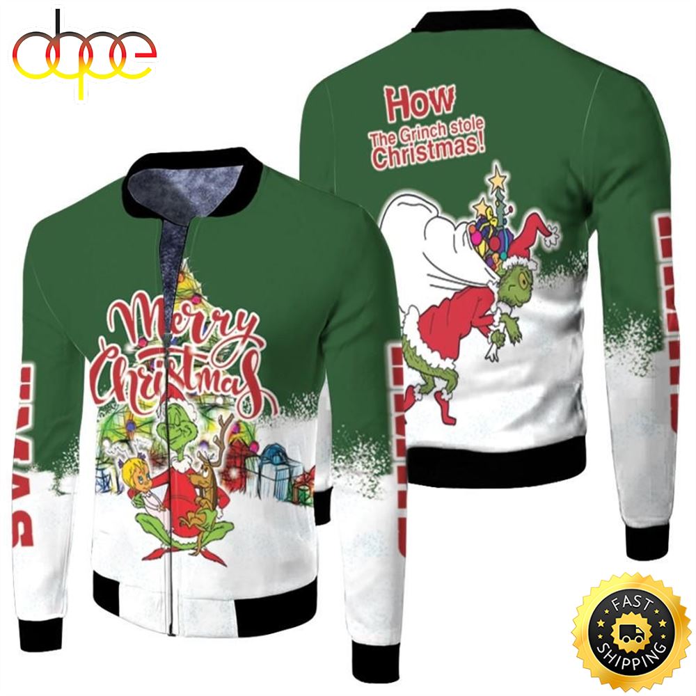 Grinch Christmas Merry Christmas How The Grinch Stole Christmas Santa Green 3D Designed Allover Gift For Grinch Fans Christmas Fans Bomber Jacket