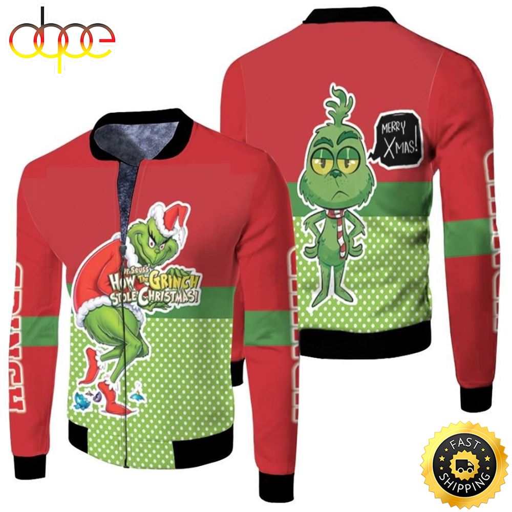 Grinch Christmas Merry X Mas How To Grinch Stole Christmas Red Green 3D Designed Allover Gift For Grinch Fans Christmas Fans Bomber Jacket